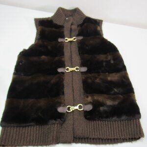 Michael Kors Brown Faux Fur Sweater Vest Women's S Gold Toned Logo Y2K Grunge